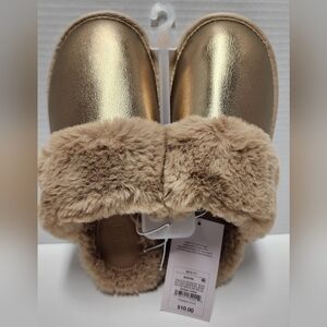 S 5/6 Women Slippers Christmas Metallic Faux Leather Gold Scuff Holiday New